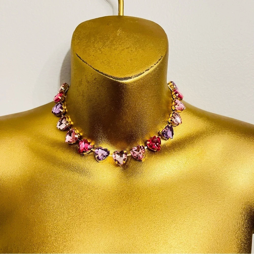 Valentine Heart Crystal Necklace – Pink Purple Gem Choker – Gift Bundle